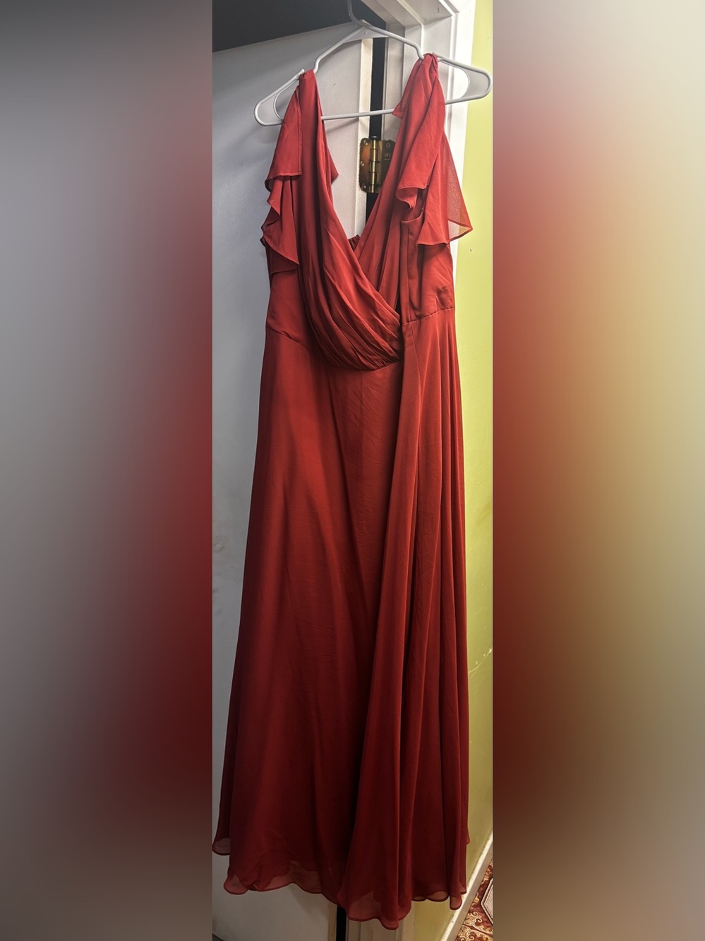David’s Bridal Elegant Red Chiffon V-Neck Bridesmaid Dress - Color Cinnamon